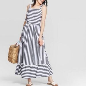 A New Day Maxi Dress XL Blue White Stripes Nautical Beach Vacation Lagenlook